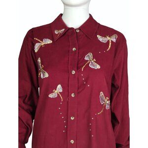 Vintage Quacker Factory Womens M Blouse Embroidered Dragonfly QVC Loose Fit Top